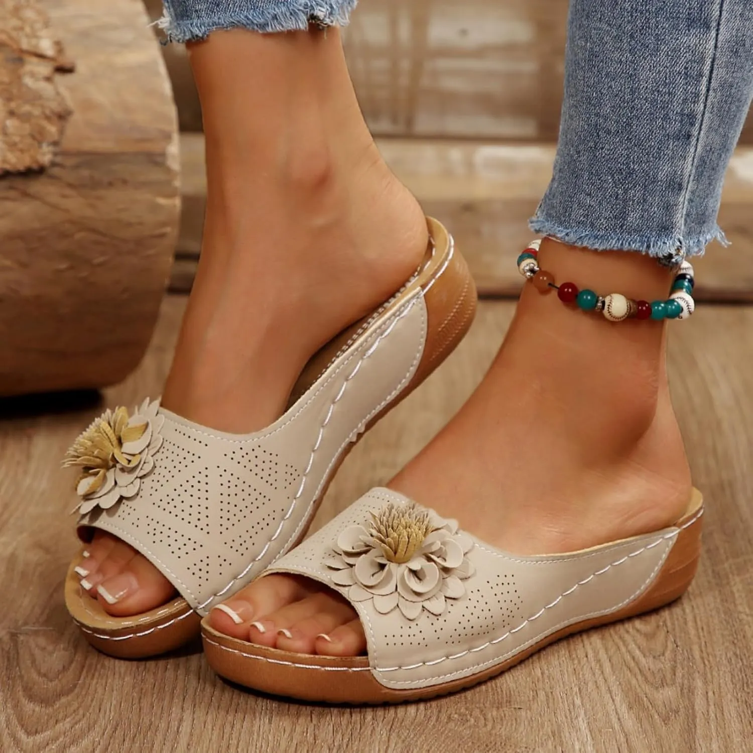 Comfortable Non-slip Solid Color Open-Toe Wedge Sandals for Women All Day Walking PU Leather Slip on Platform Breathable