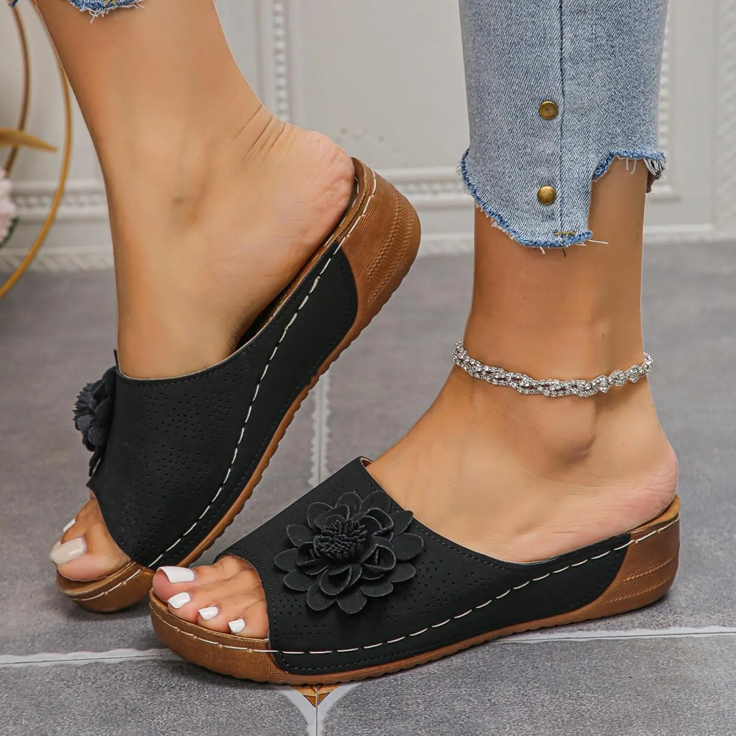 Comfortable Non-slip Solid Color Open-Toe Wedge Sandals for Women All Day Walking PU Leather Slip on Platform Breathable