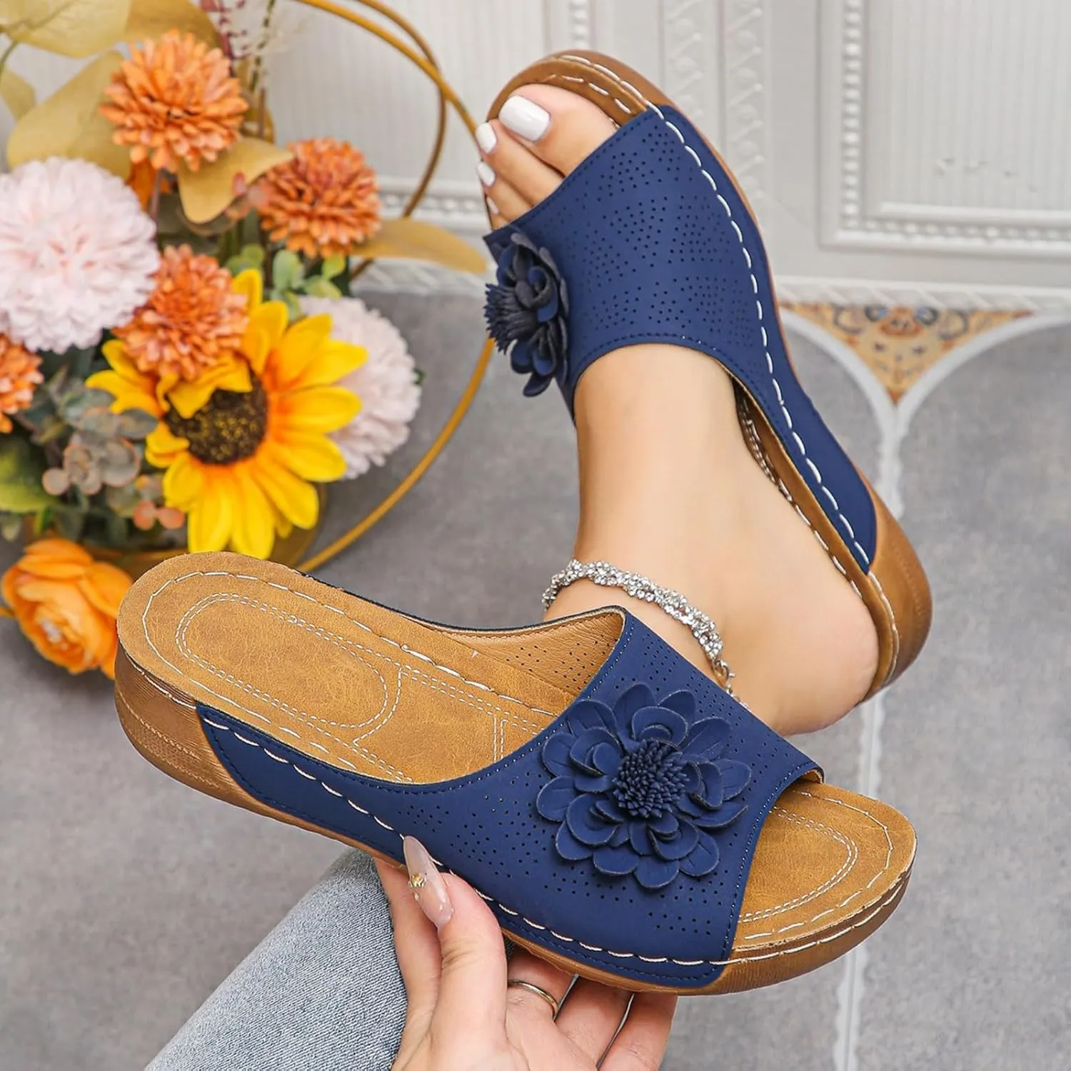 Comfortable Non-slip Solid Color Open-Toe Wedge Sandals for Women All Day Walking PU Leather Slip on Platform Breathable
