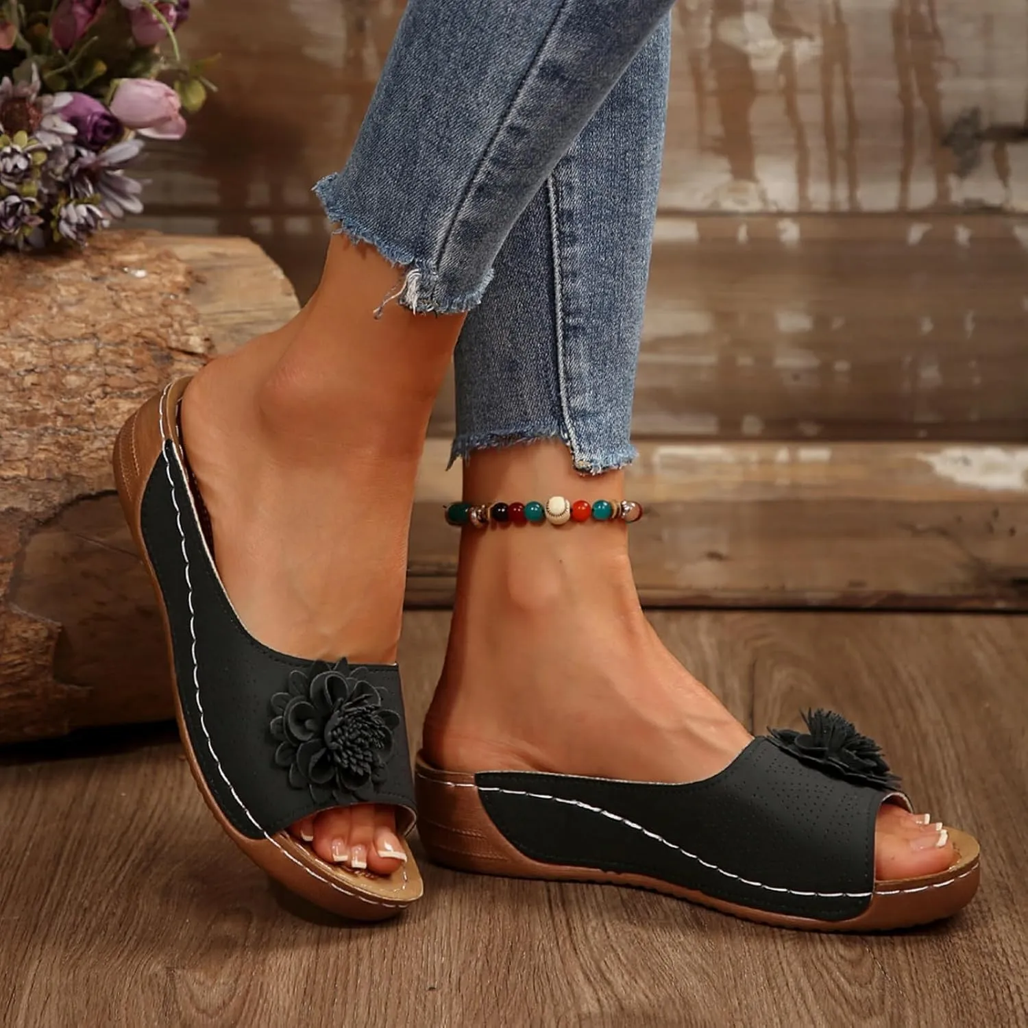 Comfortable Non-slip Solid Color Open-Toe Wedge Sandals for Women All Day Walking PU Leather Slip on Platform Breathable