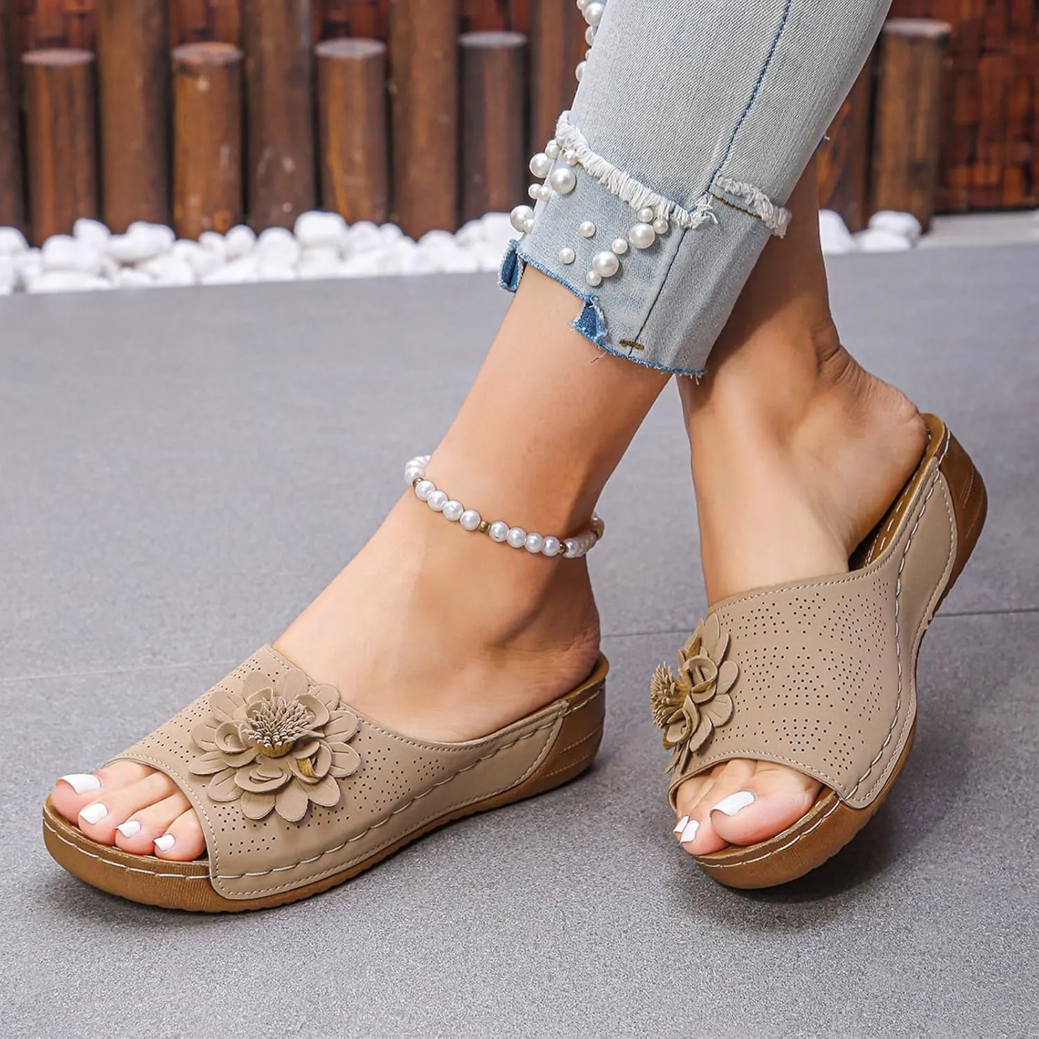 Comfortable Non-slip Solid Color Open-Toe Wedge Sandals for Women All Day Walking PU Leather Slip on Platform Breathable