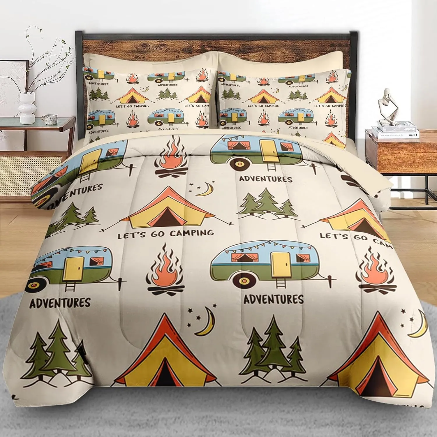 Comforter Set Twin Size, Summer Camp Camper 5 Pcs Bedding for Kids and Adults, Camping Adventure Bed Sheet Sets with Fitted Sheet Pillowcase & Sham for Bedroom Bed Decor