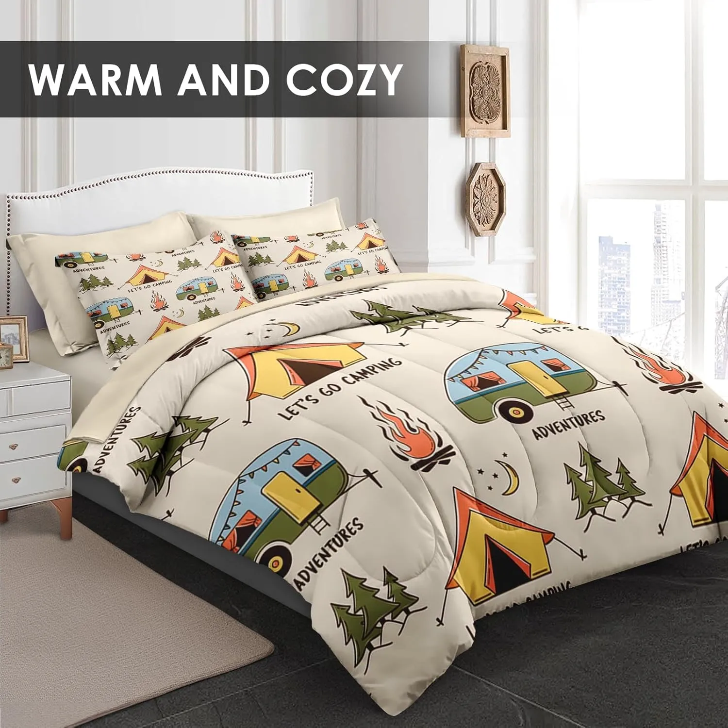 Comforter Set Twin Size, Summer Camp Camper 5 Pcs Bedding for Kids and Adults, Camping Adventure Bed Sheet Sets with Fitted Sheet Pillowcase & Sham for Bedroom Bed Decor