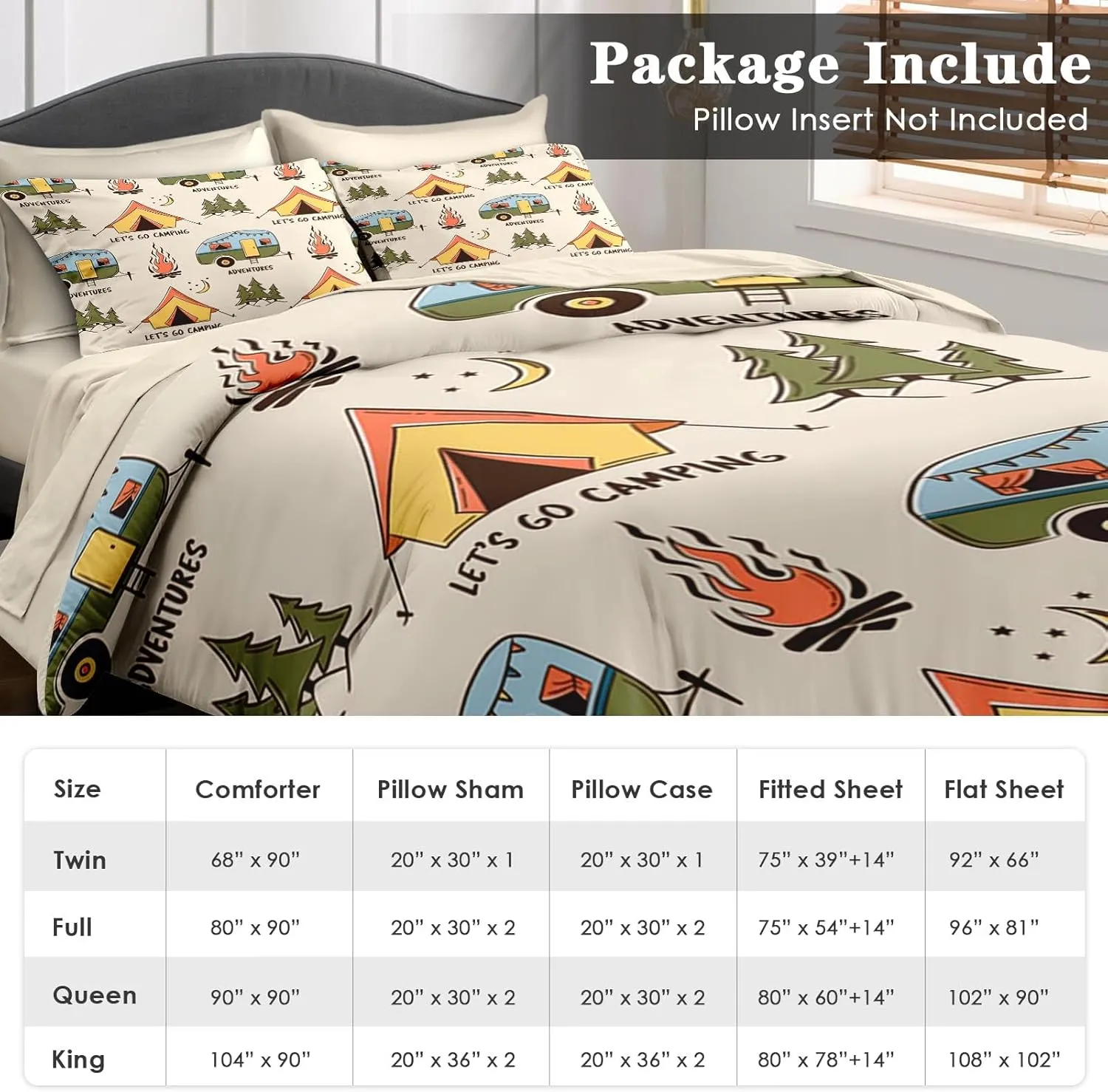 Comforter Set Twin Size, Summer Camp Camper 5 Pcs Bedding for Kids and Adults, Camping Adventure Bed Sheet Sets with Fitted Sheet Pillowcase & Sham for Bedroom Bed Decor