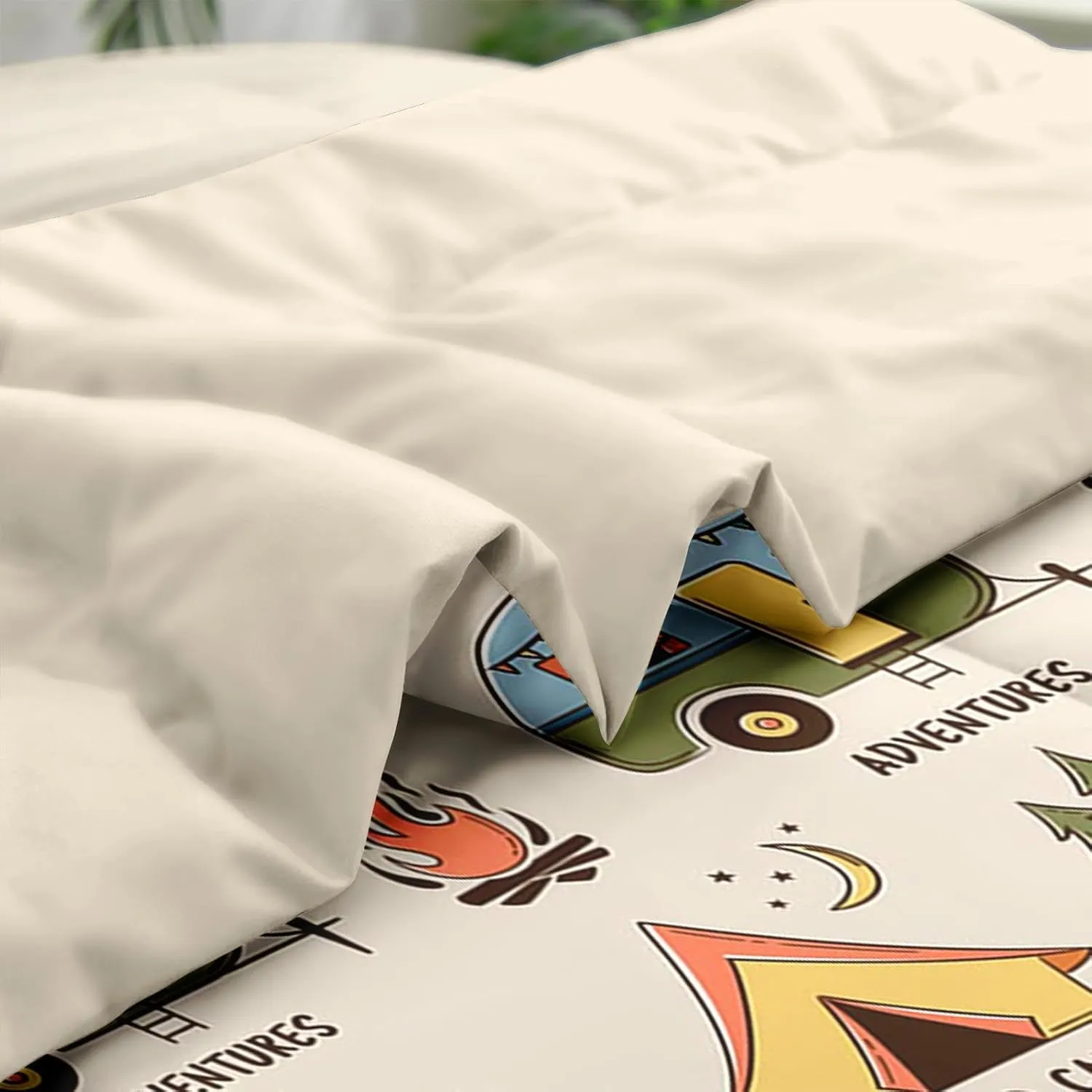 Comforter Set Twin Size, Summer Camp Camper 5 Pcs Bedding for Kids and Adults, Camping Adventure Bed Sheet Sets with Fitted Sheet Pillowcase & Sham for Bedroom Bed Decor