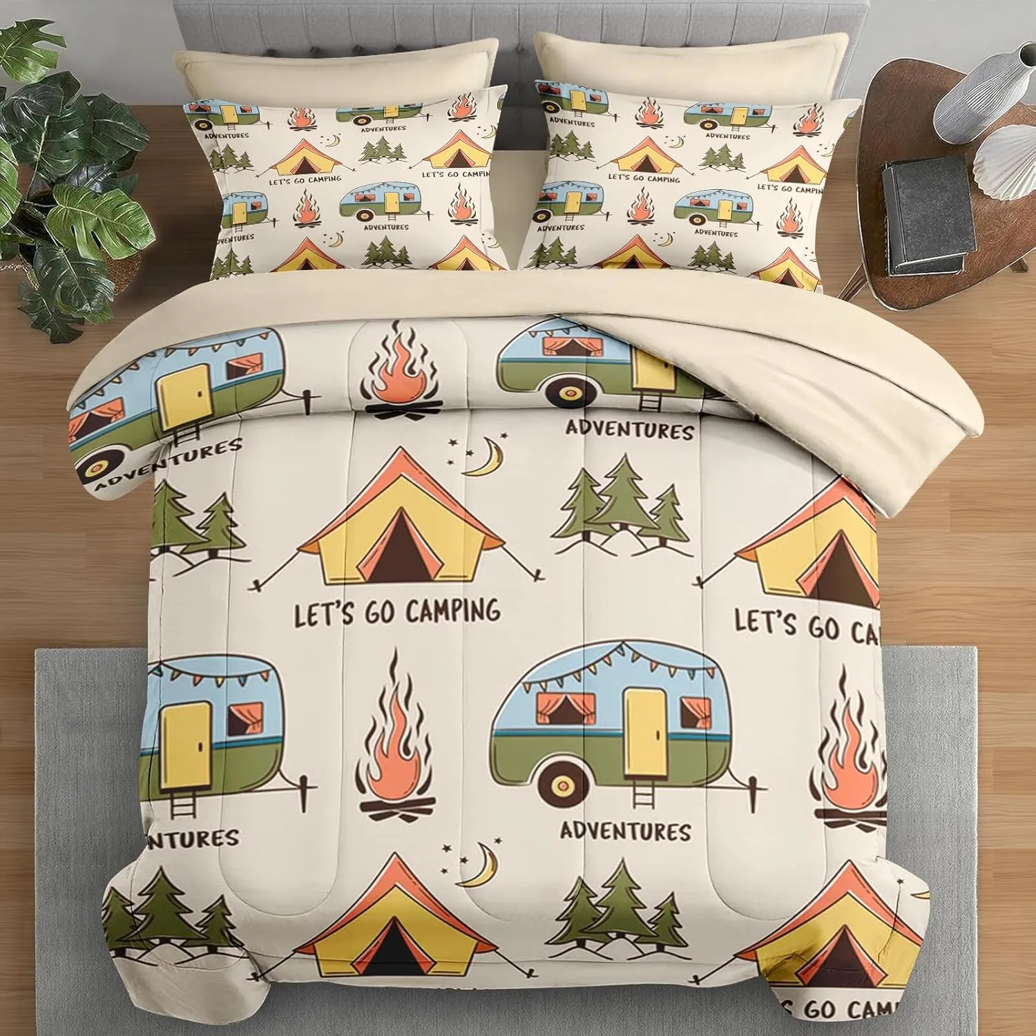 Comforter Set Twin Size, Summer Camp Camper 5 Pcs Bedding for Kids and Adults, Camping Adventure Bed Sheet Sets with Fitted Sheet Pillowcase & Sham for Bedroom Bed Decor