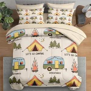 Comforter Set Twin Size, Summer Camp Camper 5 Pcs Bedding for Kids and Adults, Camping Adventure Bed Sheet Sets with Fitted Sheet Pillowcase & Sham for Bedroom Bed Decor