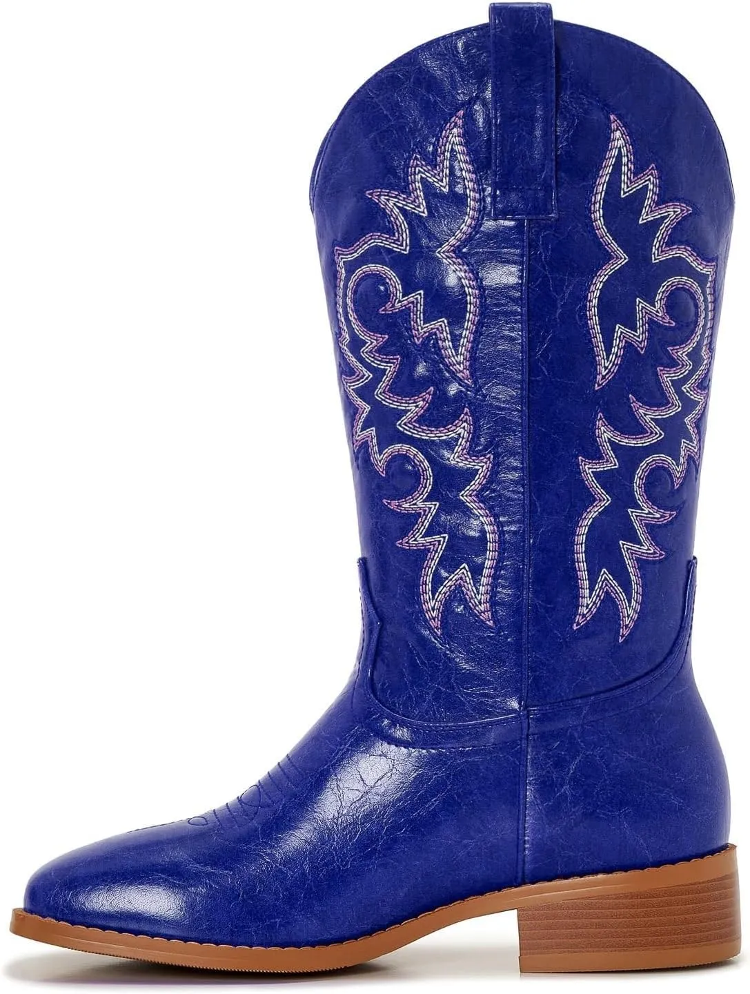 Cowgirl Boots Square Toe Cowboy Boots For Women Ladies Mid Calf Low Heel Flat
