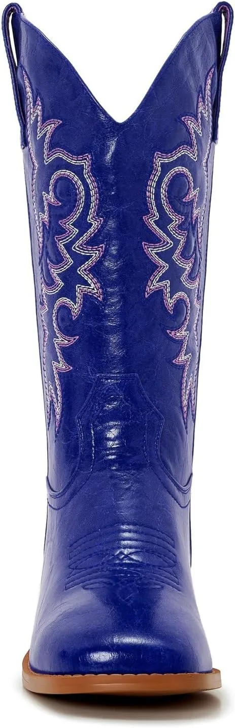 Cowgirl Boots Square Toe Cowboy Boots For Women Ladies Mid Calf Low Heel Flat