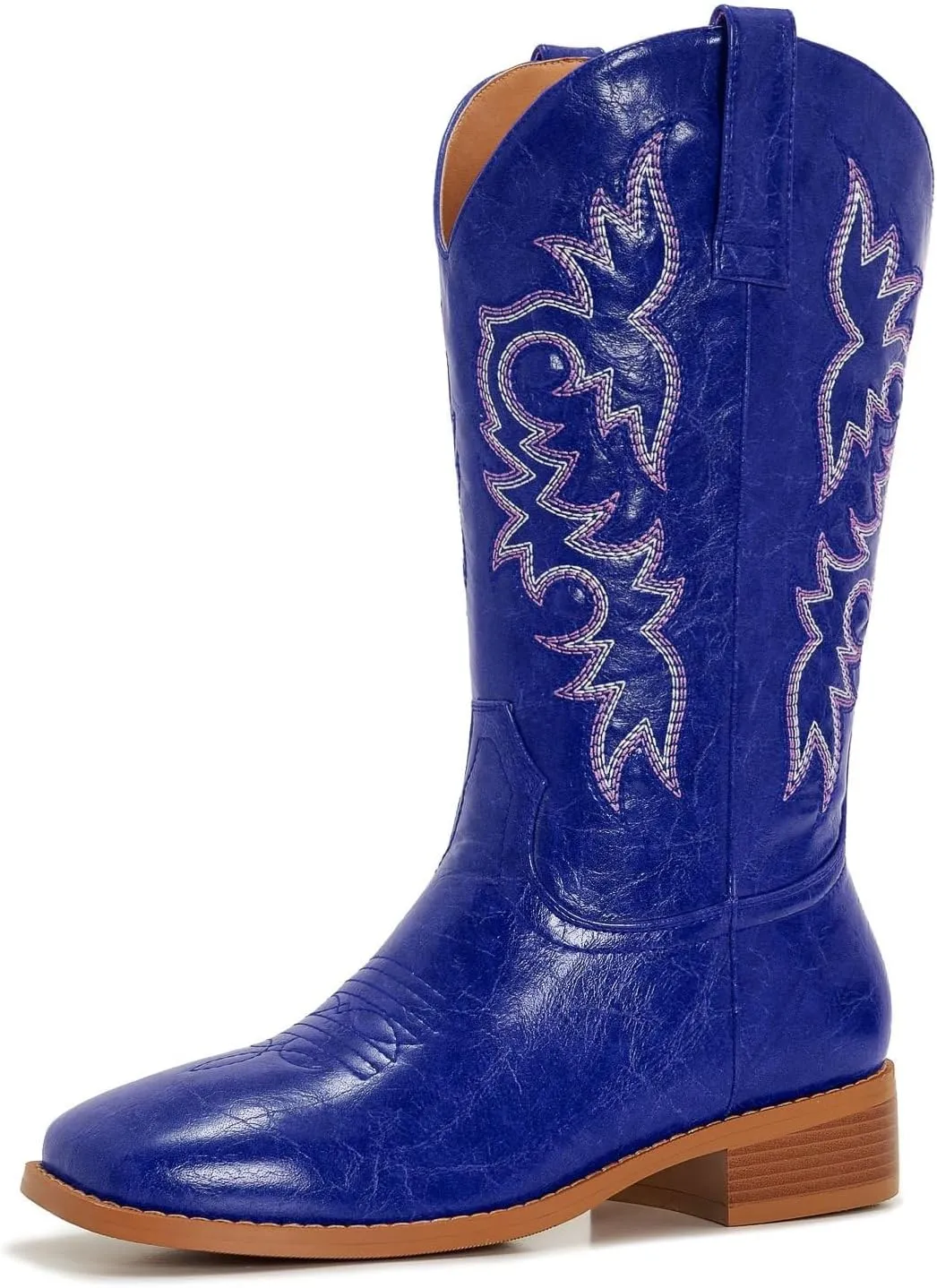 Cowgirl Boots Square Toe Cowboy Boots For Women Ladies Mid Calf Low Heel Flat