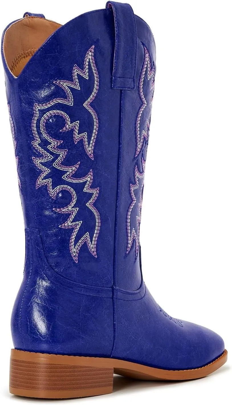 Cowgirl Boots Square Toe Cowboy Boots For Women Ladies Mid Calf Low Heel Flat