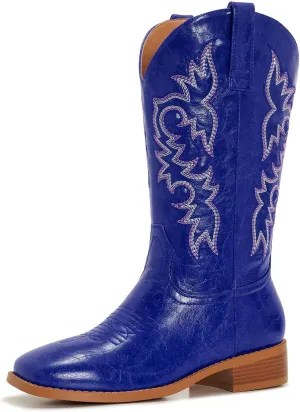 Cowgirl Boots Square Toe Cowboy Boots For Women Ladies Mid Calf Low Heel Flat