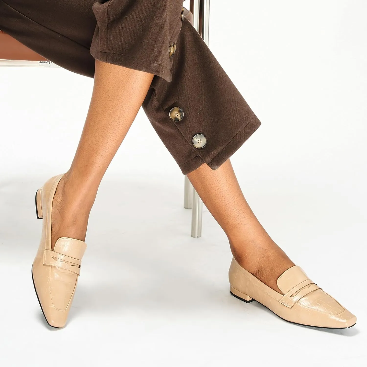C.Paravano Penny Loafers for Women Formal Dress Square Toe Flats Slip on Loafer Shoes Comfort Loafer for Business Casual Wear