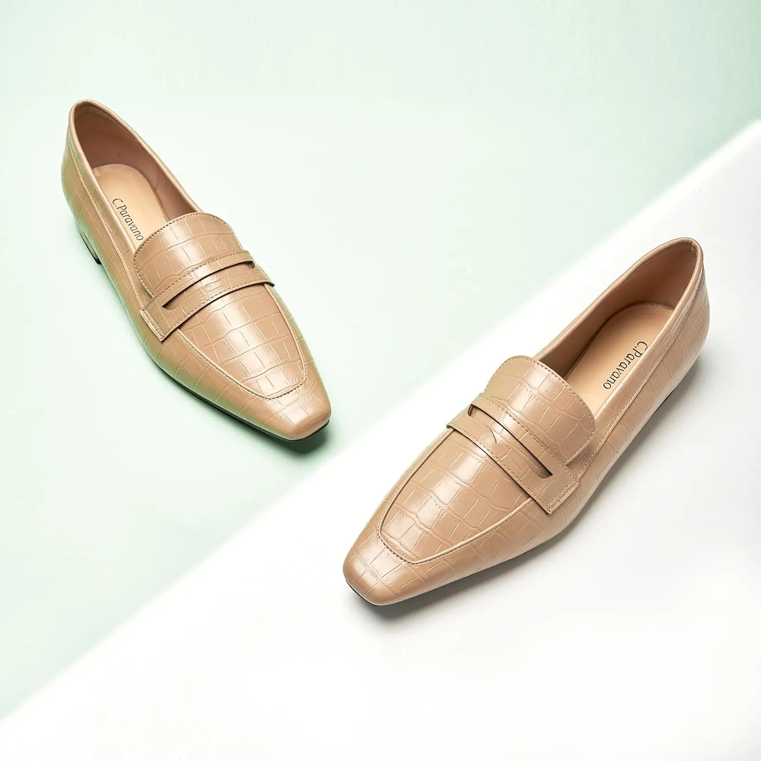 C.Paravano Penny Loafers for Women Formal Dress Square Toe Flats Slip on Loafer Shoes Comfort Loafer for Business Casual Wear