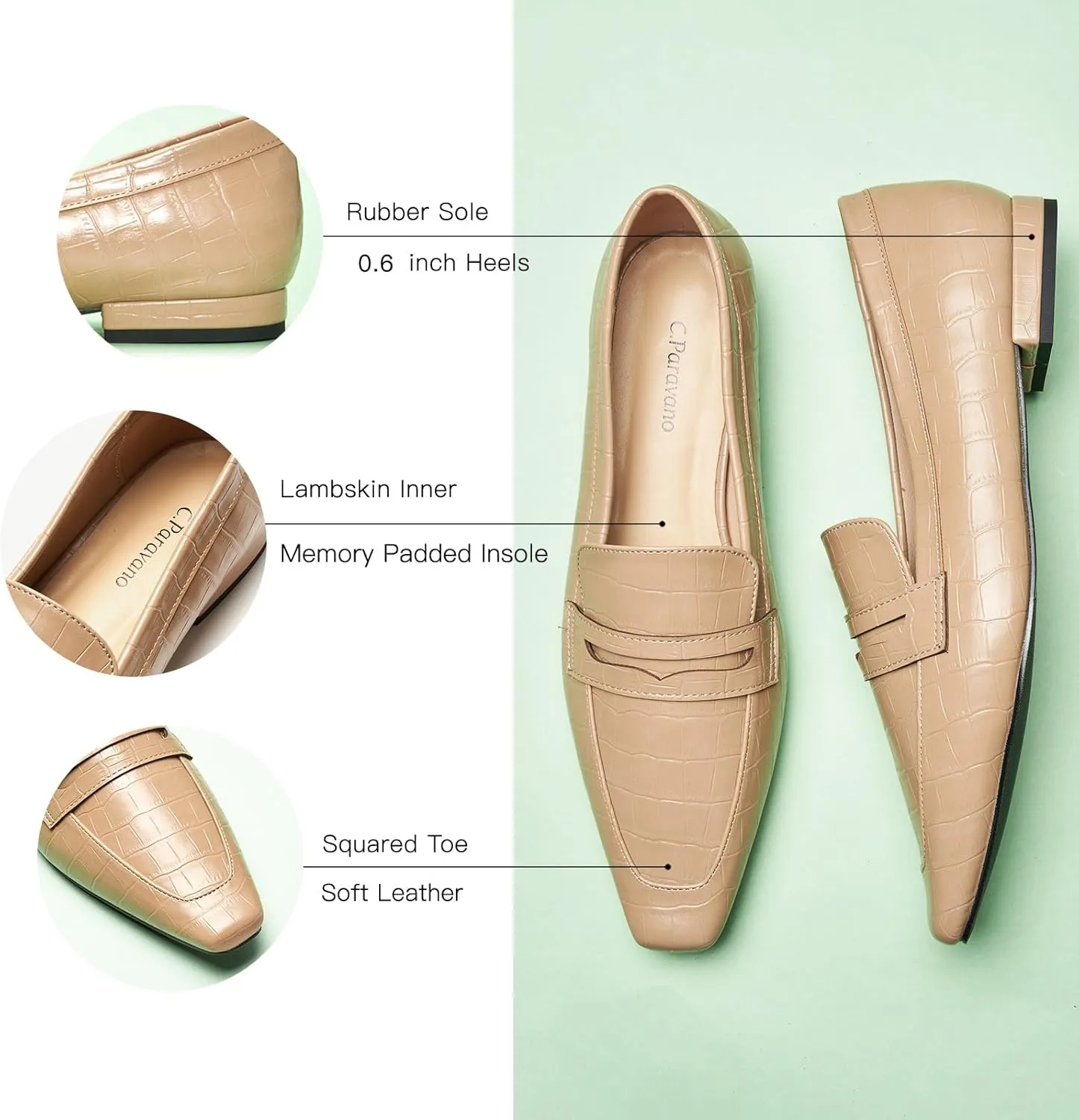 C.Paravano Penny Loafers for Women Formal Dress Square Toe Flats Slip on Loafer Shoes Comfort Loafer for Business Casual Wear