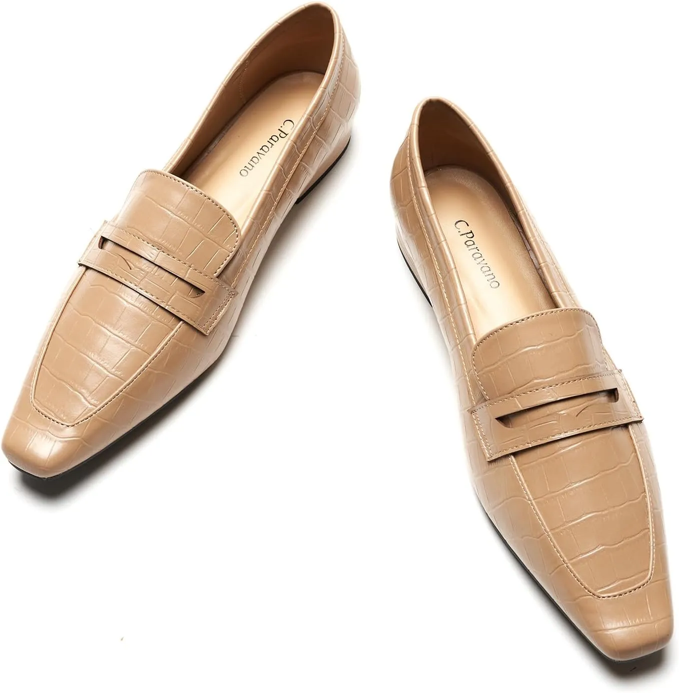 C.Paravano Penny Loafers for Women Formal Dress Square Toe Flats Slip on Loafer Shoes Comfort Loafer for Business Casual Wear