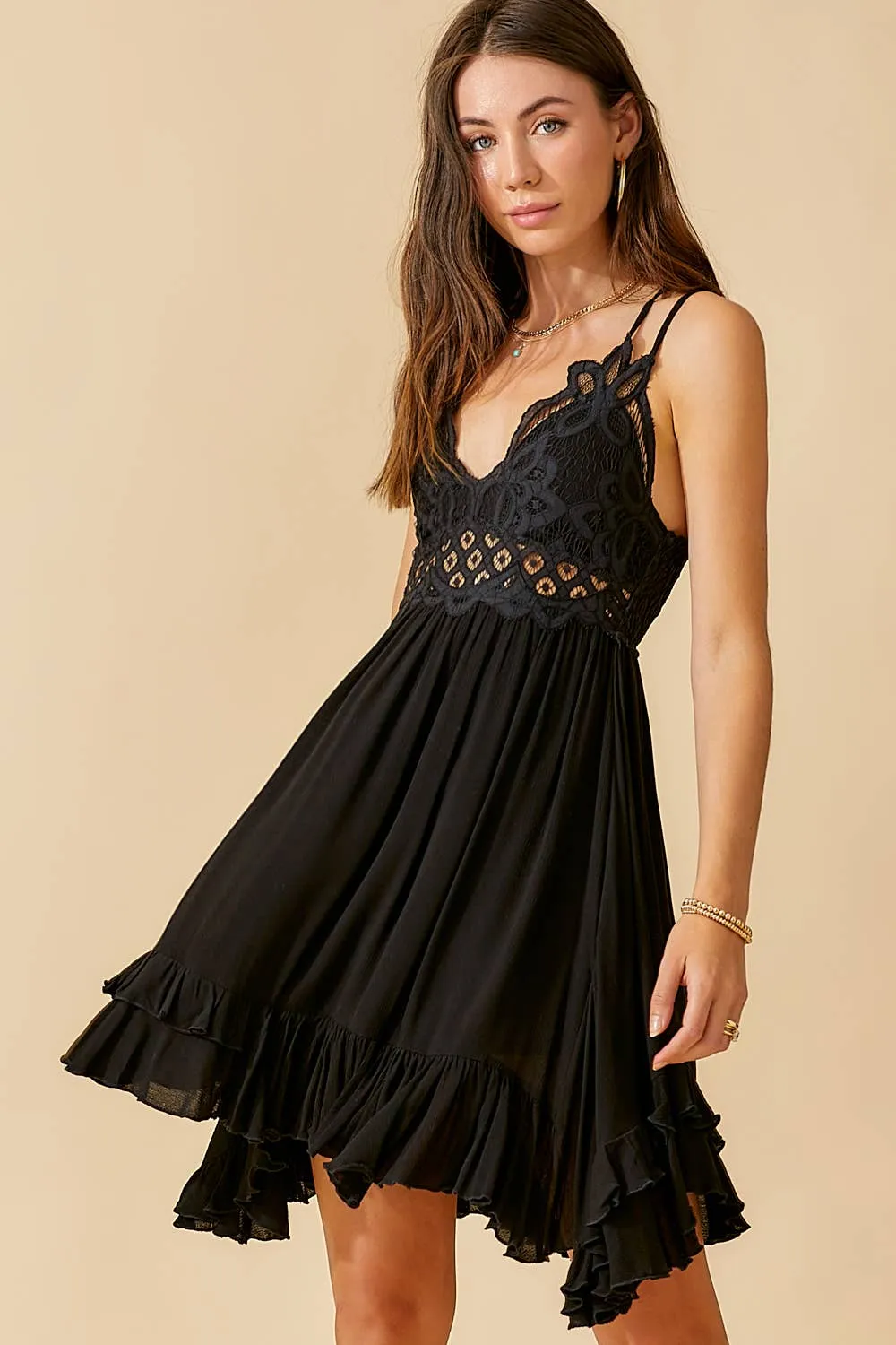 Crochet Lace Trim Sleeveless Bralette Mini Dress
