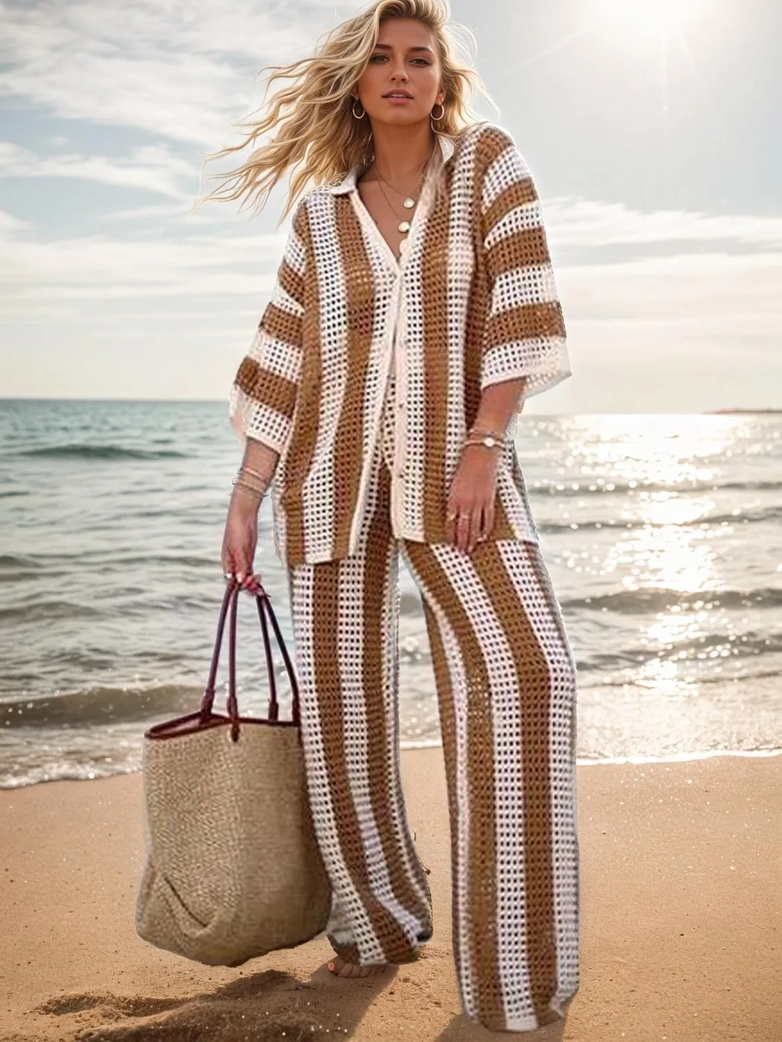 Crochet Sets Two Piece Women Beach Coverups Summer Vacation Outfits Bathing Suit Cover Up Pants Button Up Tops