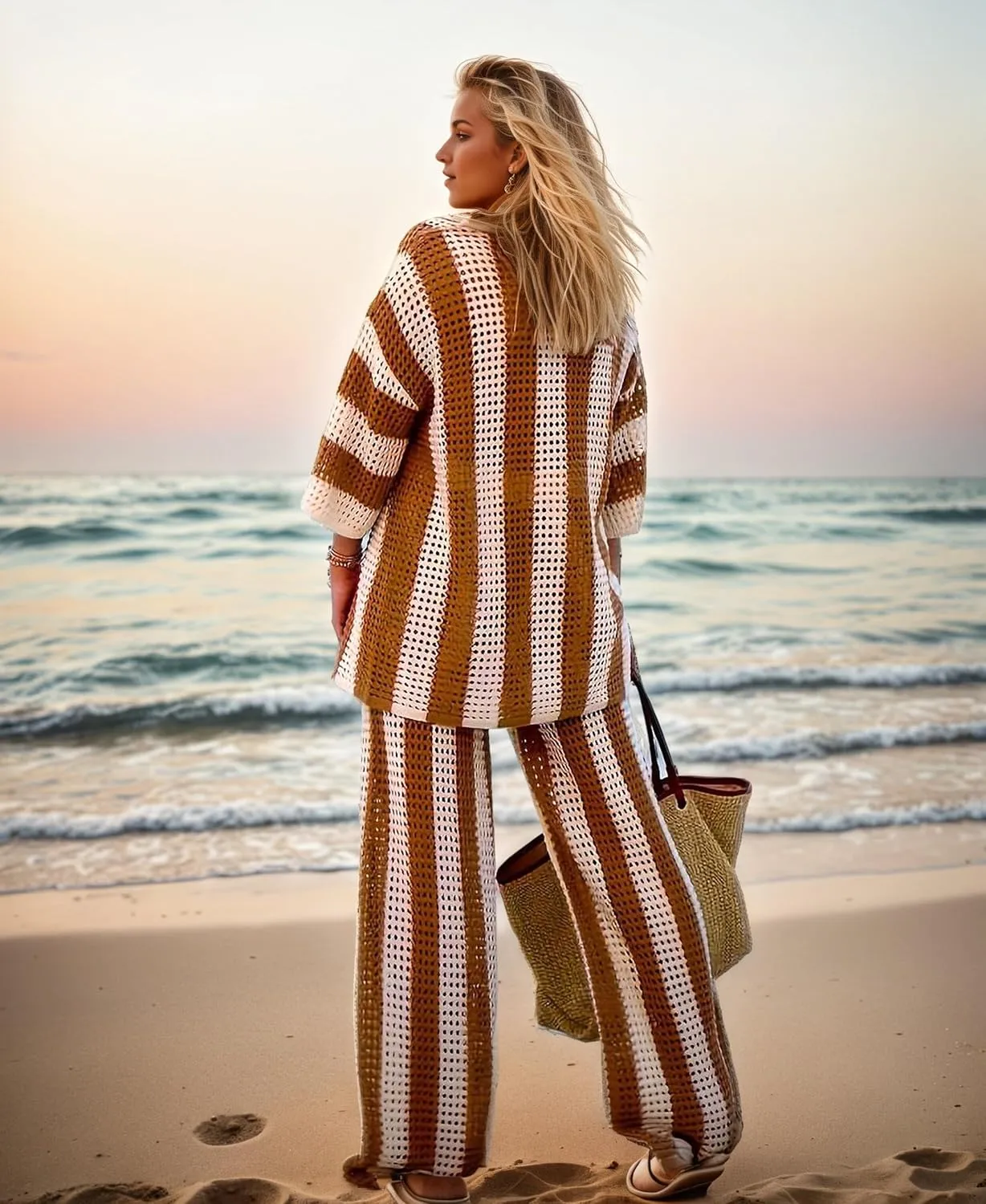 Crochet Sets Two Piece Women Beach Coverups Summer Vacation Outfits Bathing Suit Cover Up Pants Button Up Tops