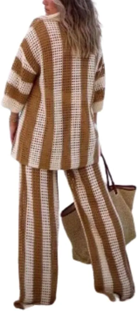 Crochet Sets Two Piece Women Beach Coverups Summer Vacation Outfits Bathing Suit Cover Up Pants Button Up Tops