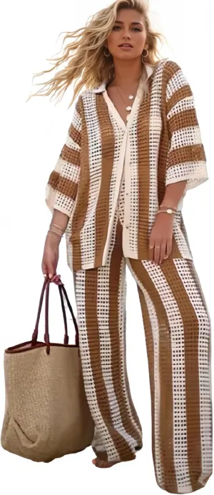 Crochet Sets Two Piece Women Beach Coverups Summer Vacation Outfits Bathing Suit Cover Up Pants Button Up Tops