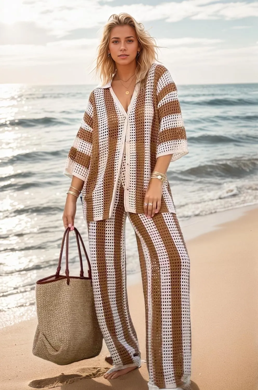 Crochet Sets Two Piece Women Beach Coverups Summer Vacation Outfits Bathing Suit Cover Up Pants Button Up Tops