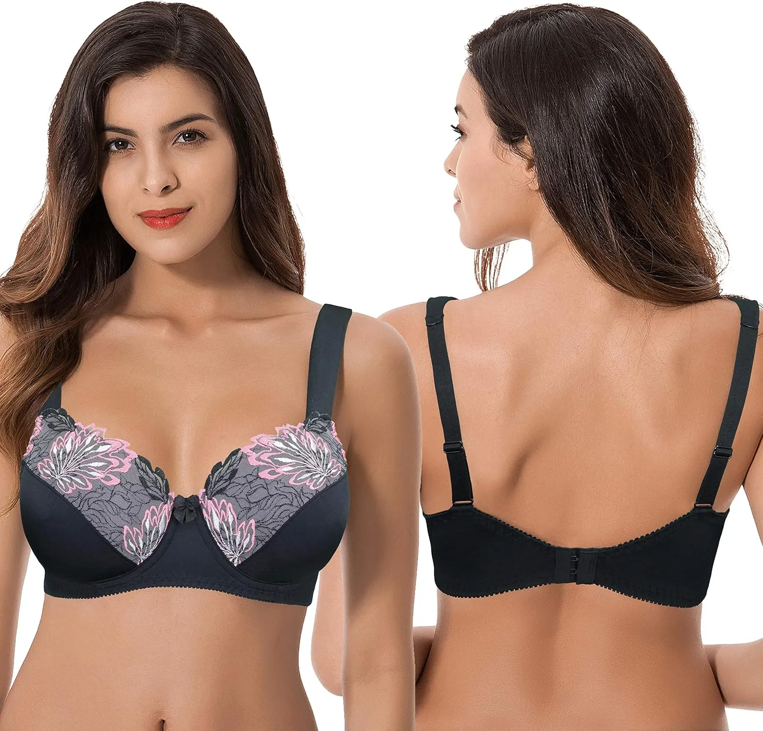 Curve Muse Plus Size Minimizer Underwire Unlined Bras with Embroidery Lace-2 or 3Pack