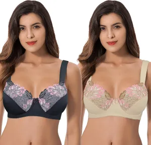 Curve Muse Plus Size Minimizer Underwire Unlined Bras with Embroidery Lace-2 or 3Pack