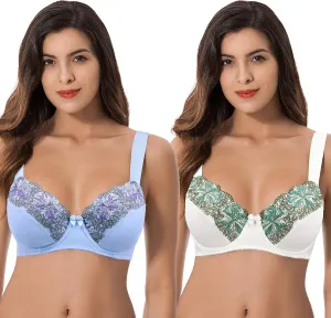 Curve Muse Plus Size Minimizer Underwire Unlined Bras with Embroidery Lace-2 or 3Pack