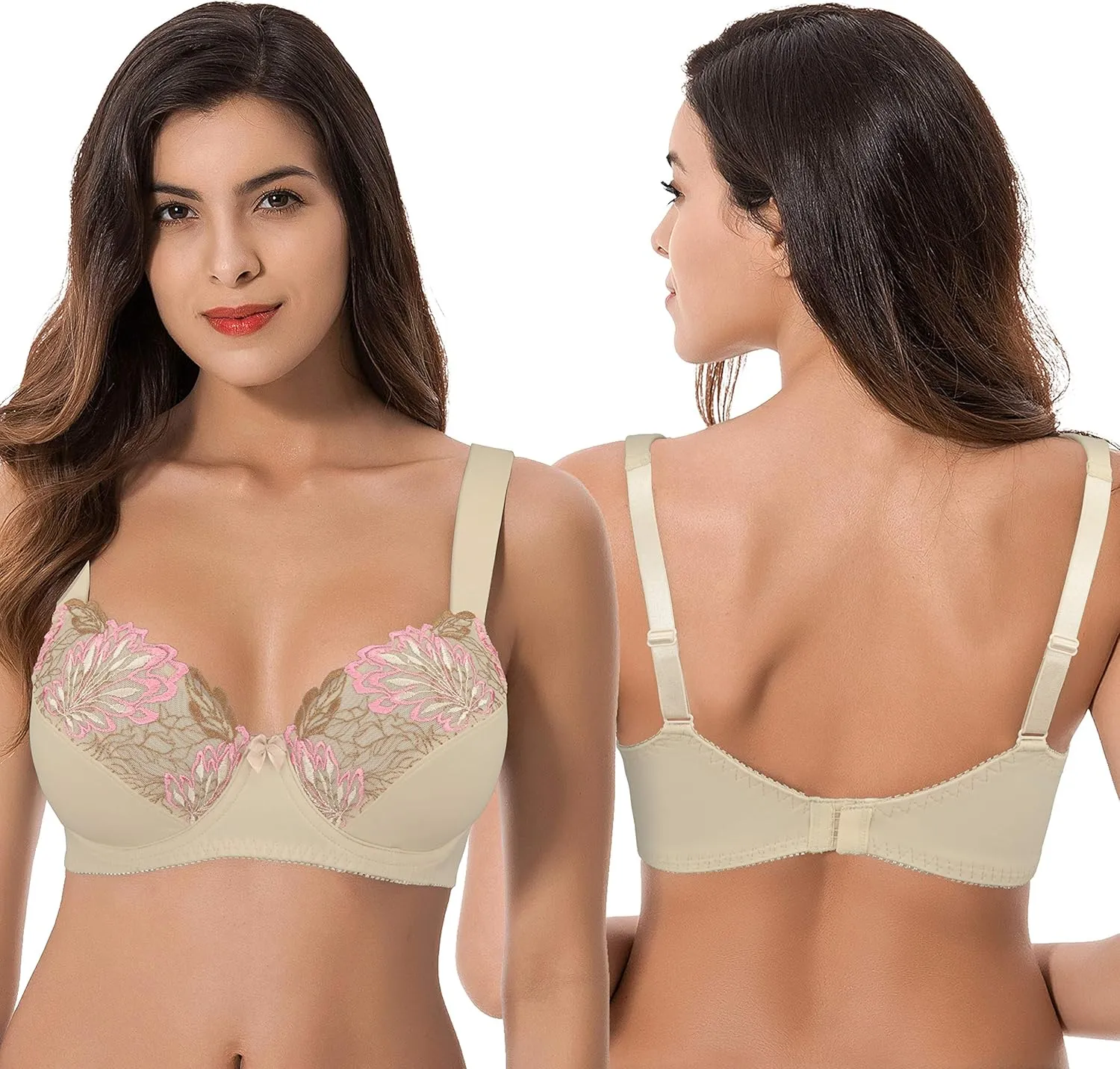 Curve Muse Plus Size Minimizer Underwire Unlined Bras with Embroidery Lace-2 or 3Pack