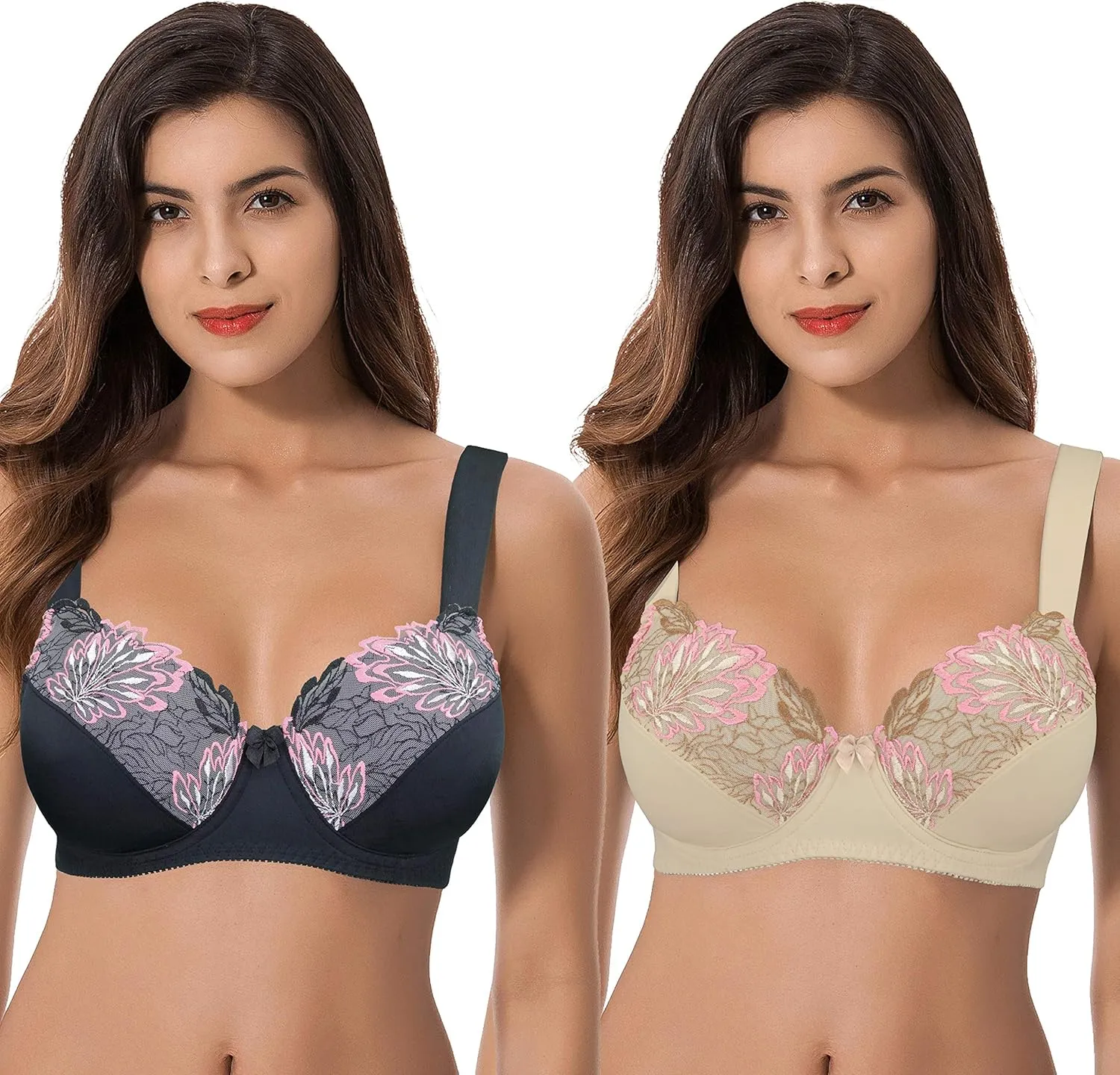 Curve Muse Plus Size Minimizer Underwire Unlined Bras with Embroidery Lace-2 or 3Pack
