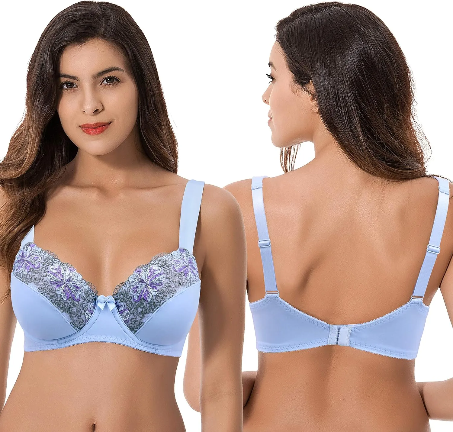 Curve Muse Plus Size Minimizer Underwire Unlined Bras with Embroidery Lace-2 or 3Pack