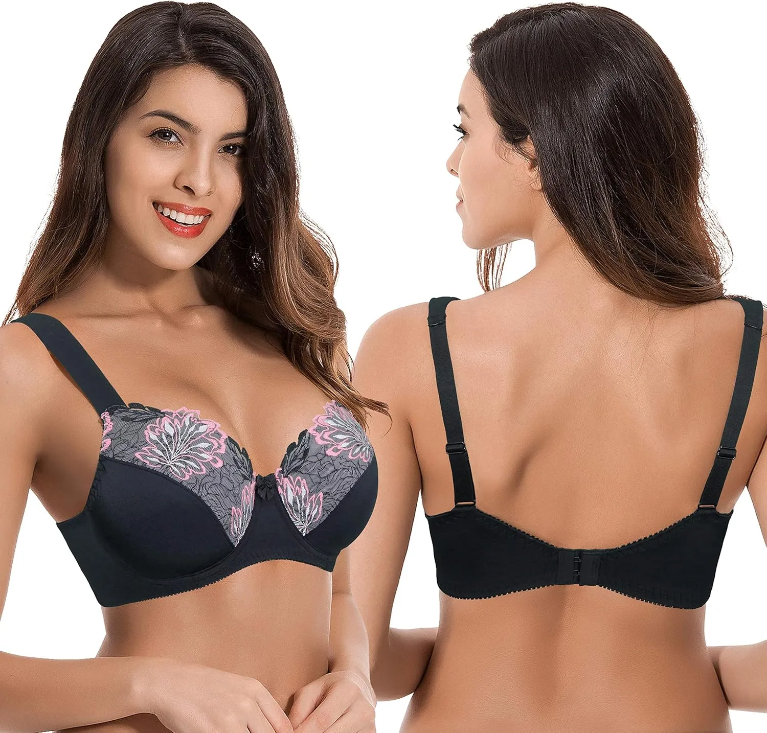 Curve Muse Plus Size Minimizer Underwire Unlined Bras with Embroidery Lace-2 or 3Pack
