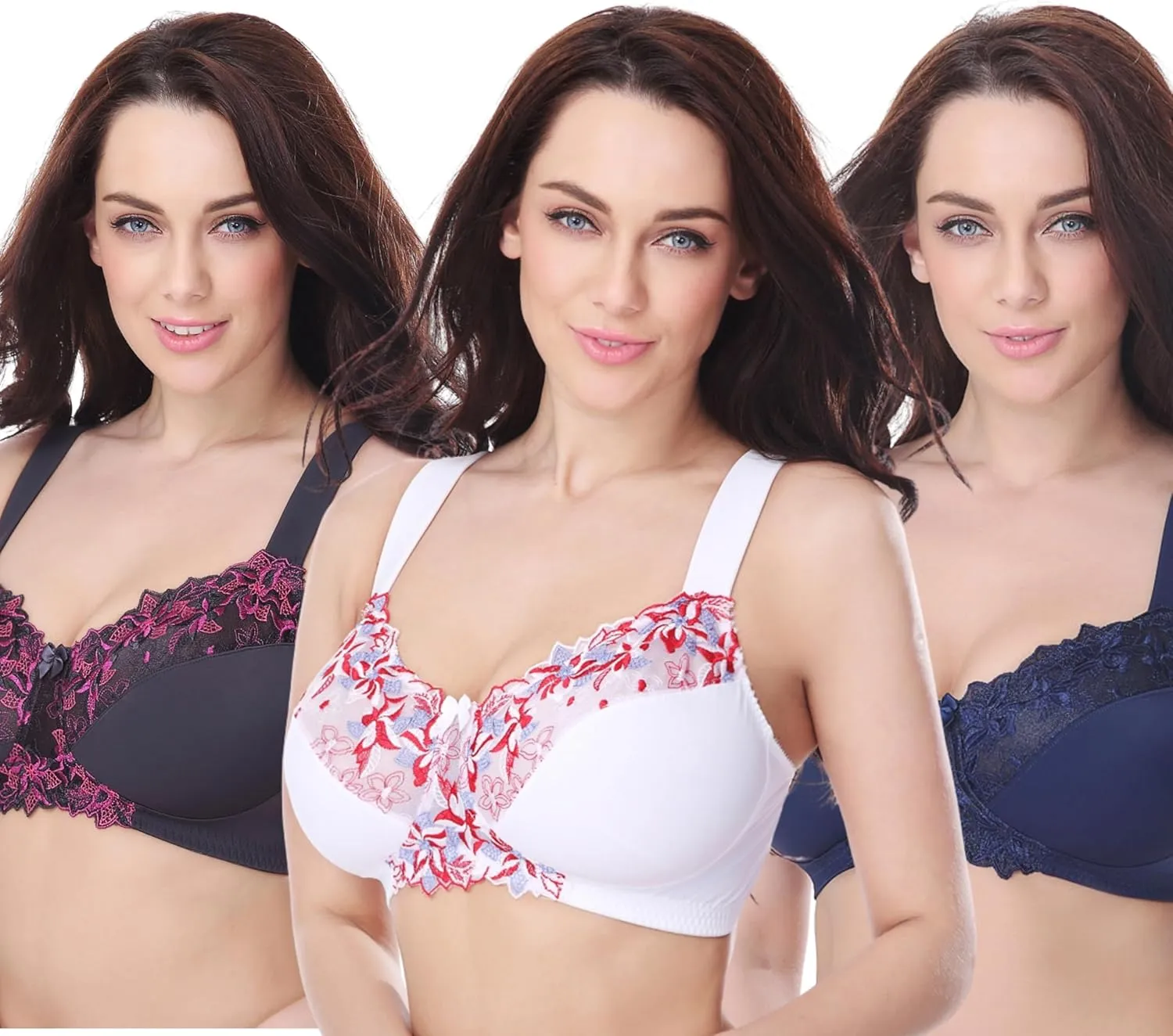 Curve Muse Plus Size Minimizer Unlined Wireless Bra with Lace Embroidery-3Pack