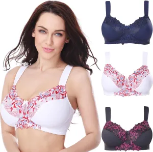 Curve Muse Plus Size Minimizer Unlined Wireless Bra with Lace Embroidery-3Pack