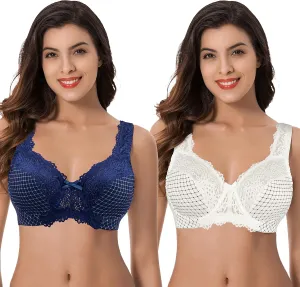 Curve Muse Women's Minimizer Unlined Underwire Bra with Lace Embroidery-2 Pack