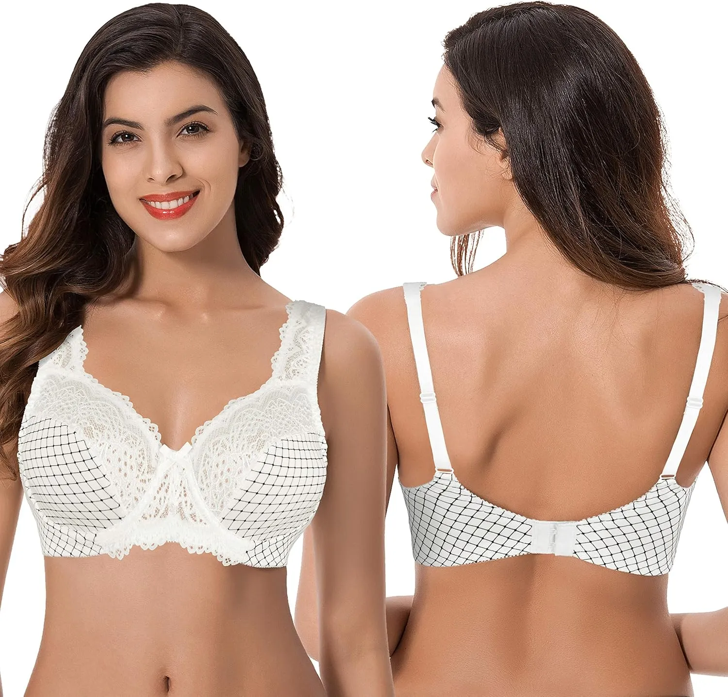 Curve Muse Women's Minimizer Unlined Underwire Bra with Lace Embroidery-2 Pack