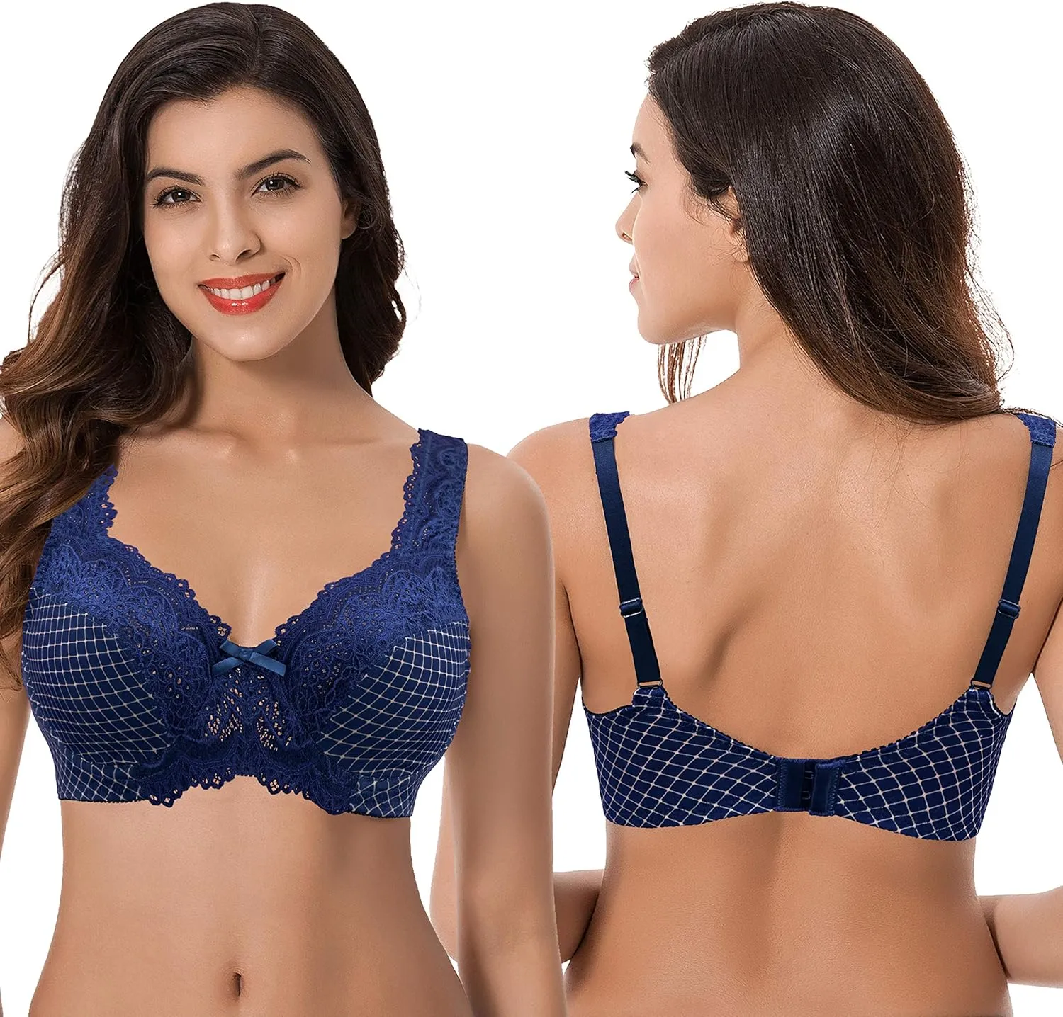 Curve Muse Women's Minimizer Unlined Underwire Bra with Lace Embroidery-2 Pack