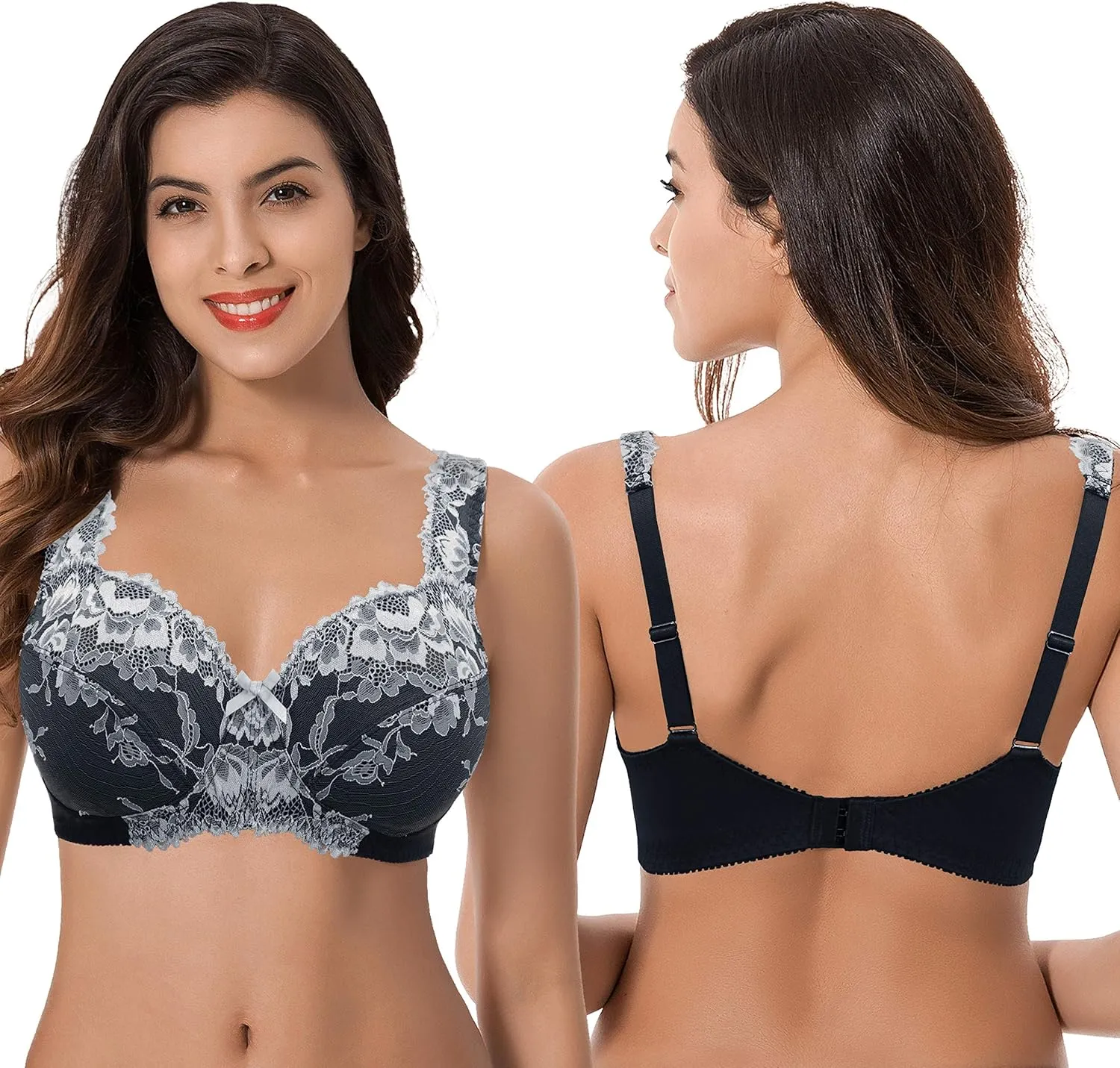 Curve Muse Women's Plus Size Minimizer Unlined Wireless Lace Full Coverage Bras