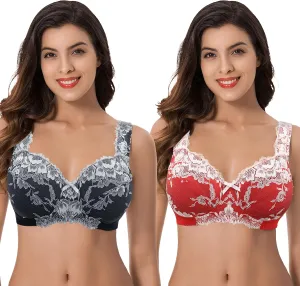 Curve Muse Women's Plus Size Minimizer Unlined Wireless Lace Full Coverage Bras
