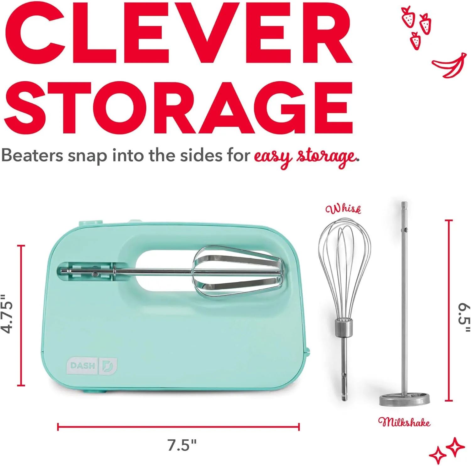 Dash SmartStore™ Deluxe Compact Electric Hand Mixer   Whisk and Milkshake Attachment for Whipping, Mixing Cookies, Brownies, Cakes, Dough, Batters, Meringues & More, 3 Speed, 150-Watt – Aqua