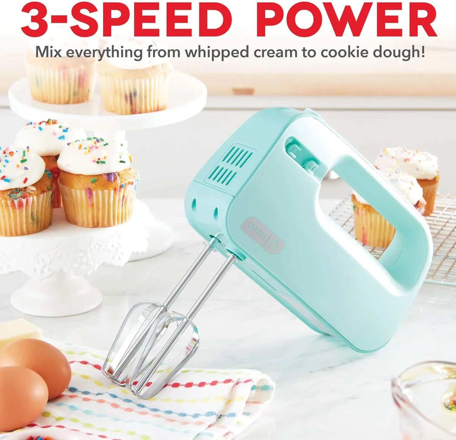 Dash SmartStore™ Deluxe Compact Electric Hand Mixer   Whisk and Milkshake Attachment for Whipping, Mixing Cookies, Brownies, Cakes, Dough, Batters, Meringues & More, 3 Speed, 150-Watt – Aqua