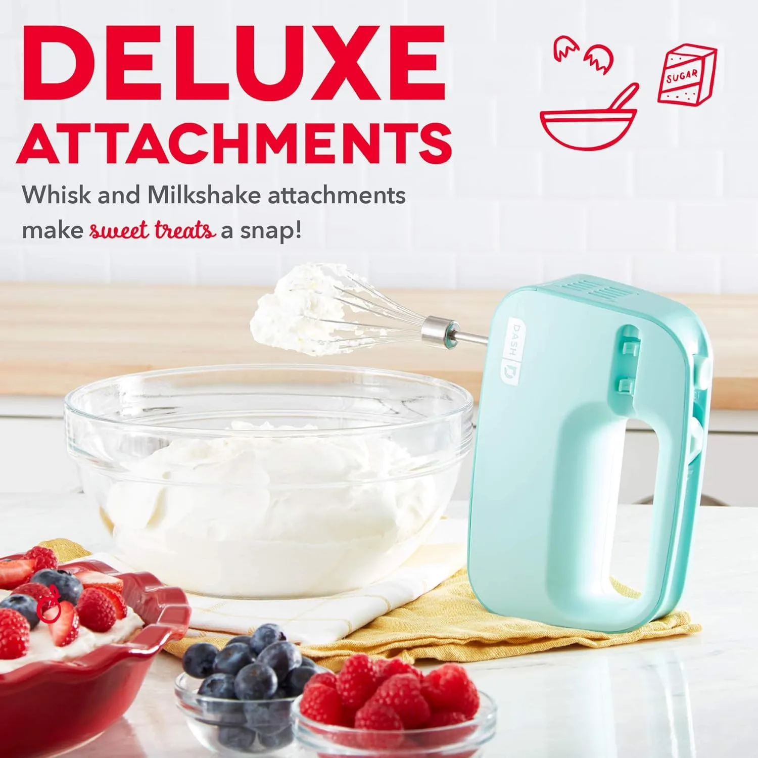 Dash SmartStore™ Deluxe Compact Electric Hand Mixer   Whisk and Milkshake Attachment for Whipping, Mixing Cookies, Brownies, Cakes, Dough, Batters, Meringues & More, 3 Speed, 150-Watt – Aqua