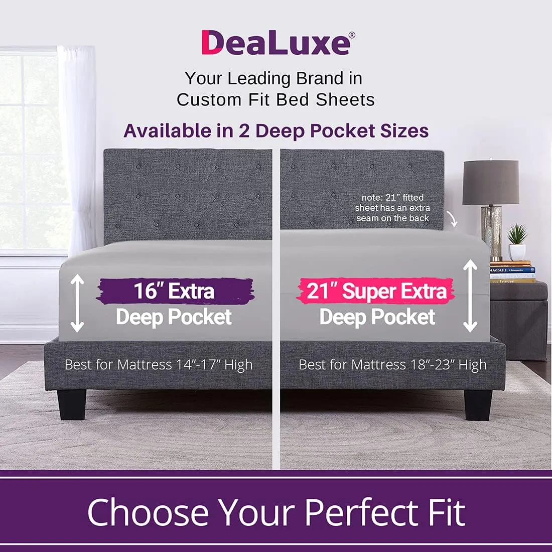 Deep Pocket Queen Sheet Sets – 21” Inch 4 Piece Queen Sheets Deep Pocket Sheets – Oversize Flat Sheet, Fitted Sheet & 2 Zippered Pillowcases for 18”–23” Pillow Top Mattress – Calm Grey