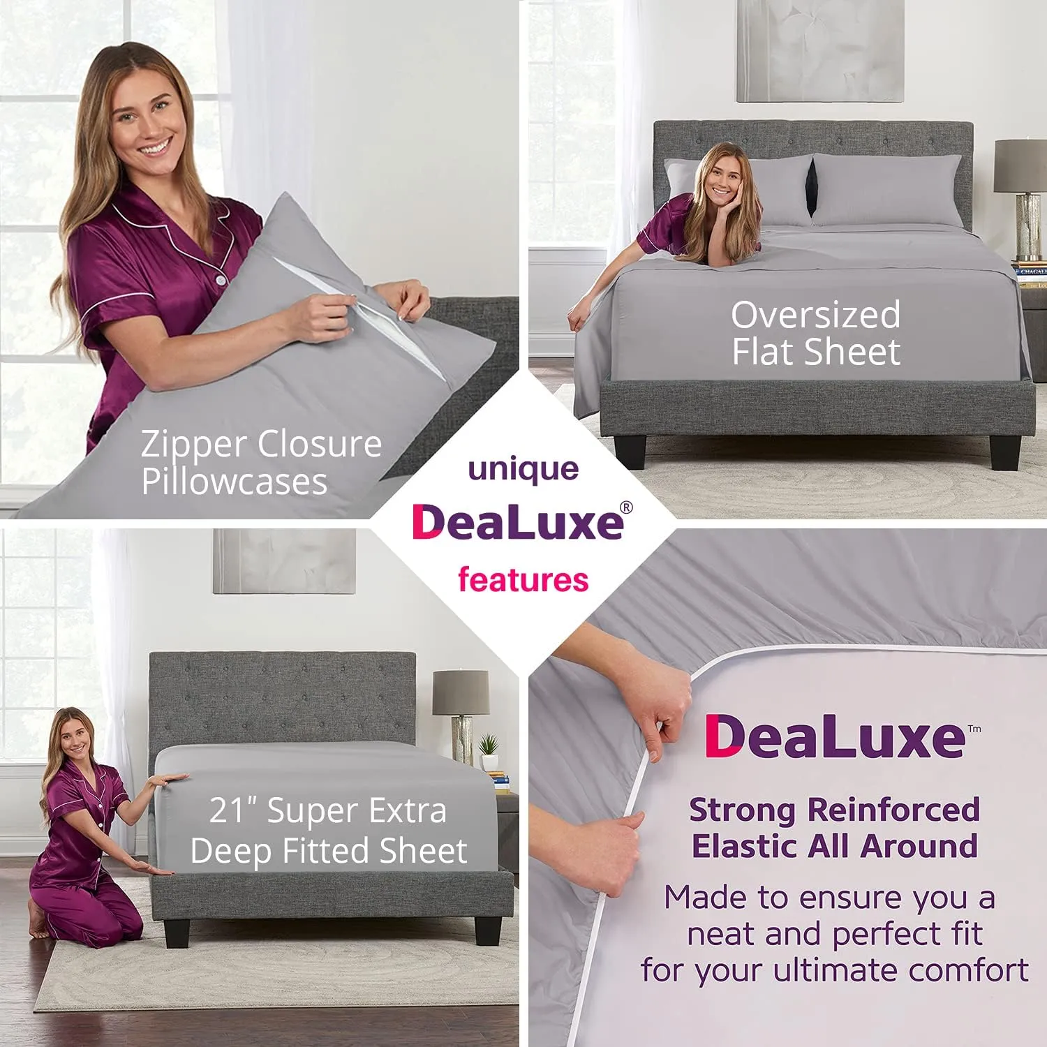 Deep Pocket Queen Sheet Sets – 21” Inch 4 Piece Queen Sheets Deep Pocket Sheets – Oversize Flat Sheet, Fitted Sheet & 2 Zippered Pillowcases for 18”–23” Pillow Top Mattress – Calm Grey