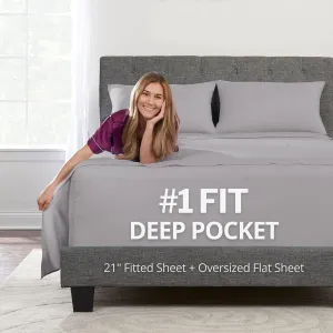Deep Pocket Queen Sheet Sets – 21” Inch 4 Piece Queen Sheets Deep Pocket Sheets – Oversize Flat Sheet, Fitted Sheet & 2 Zippered Pillowcases for 18”–23” Pillow Top Mattress – Calm Grey