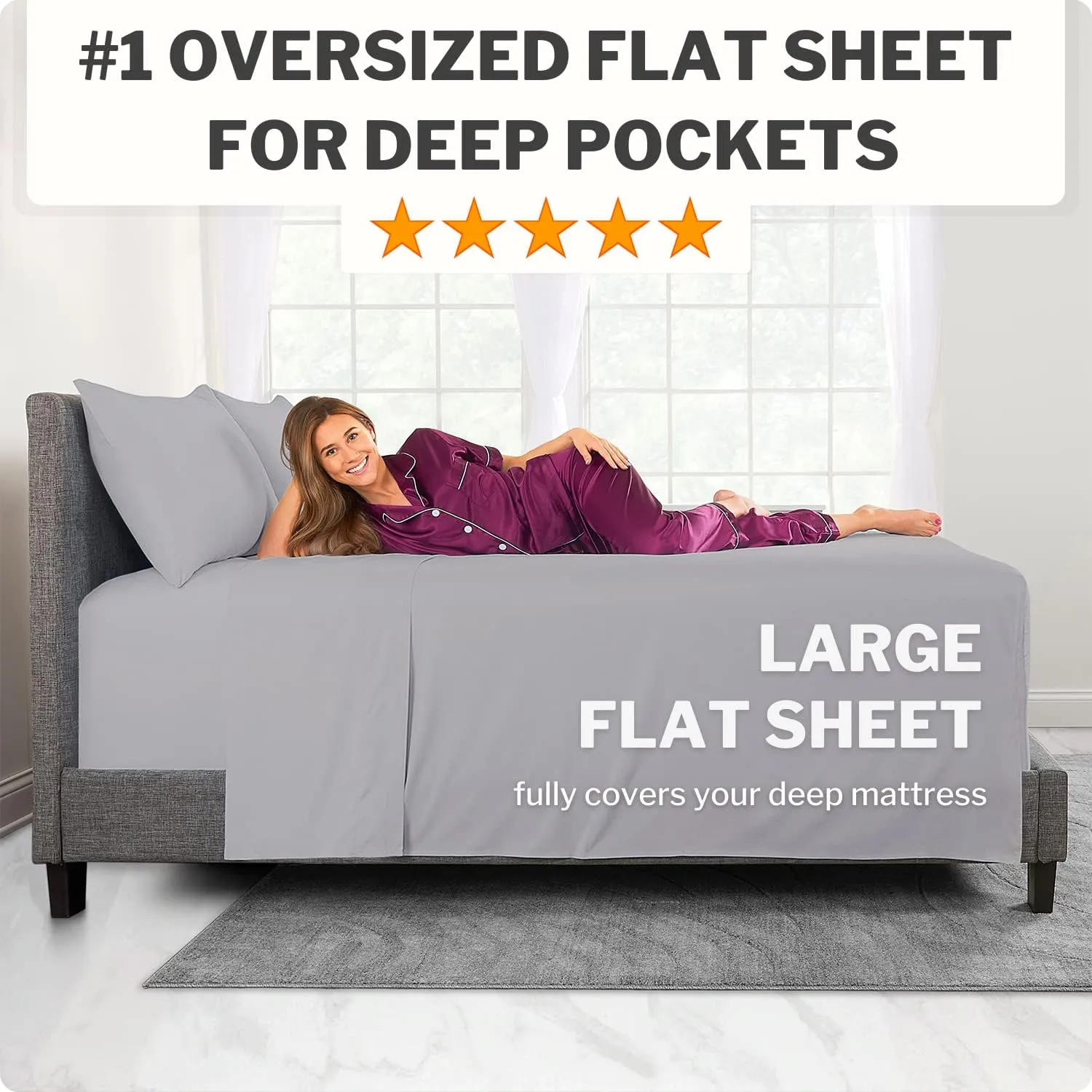 Deep Pocket Queen Sheet Sets – 21” Inch 4 Piece Queen Sheets Deep Pocket Sheets – Oversize Flat Sheet, Fitted Sheet & 2 Zippered Pillowcases for 18”–23” Pillow Top Mattress – Calm Grey