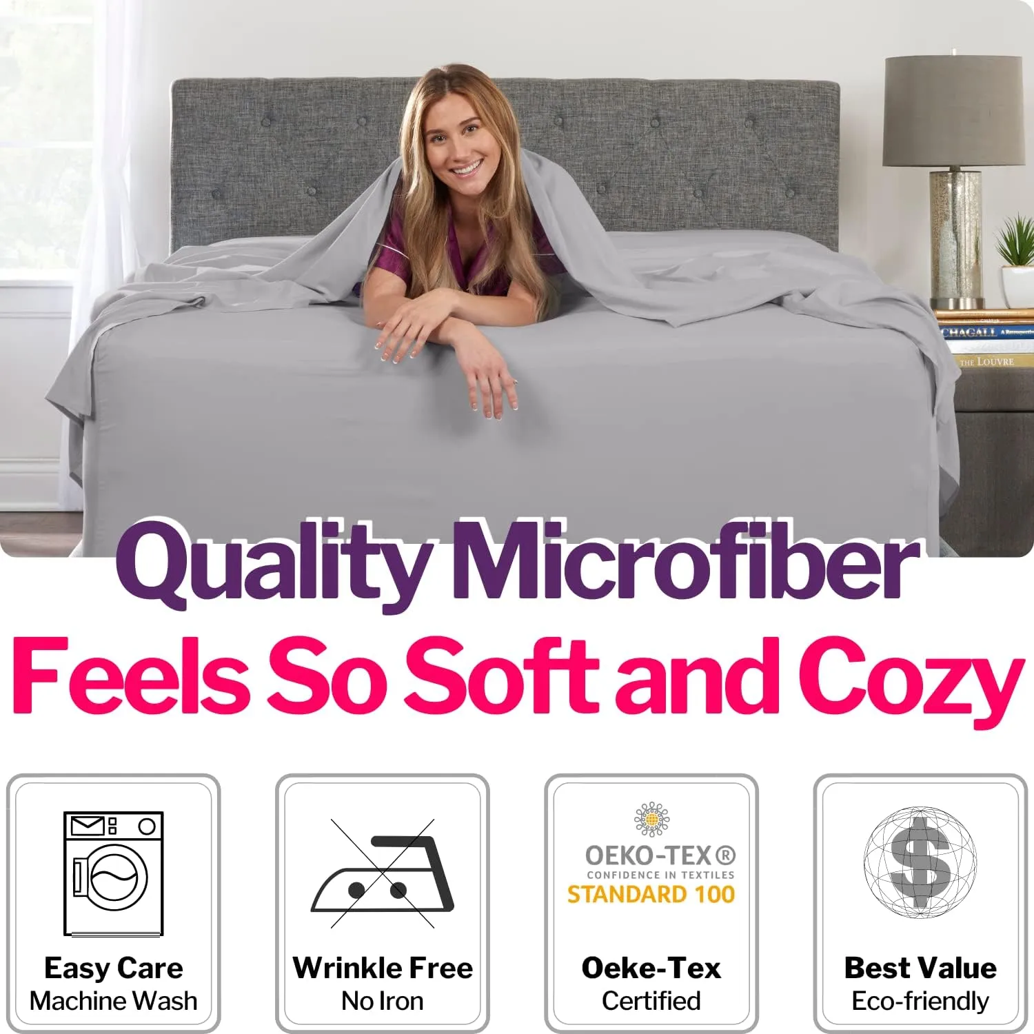 Deep Pocket Queen Sheet Sets – 21” Inch 4 Piece Queen Sheets Deep Pocket Sheets – Oversize Flat Sheet, Fitted Sheet & 2 Zippered Pillowcases for 18”–23” Pillow Top Mattress – Calm Grey