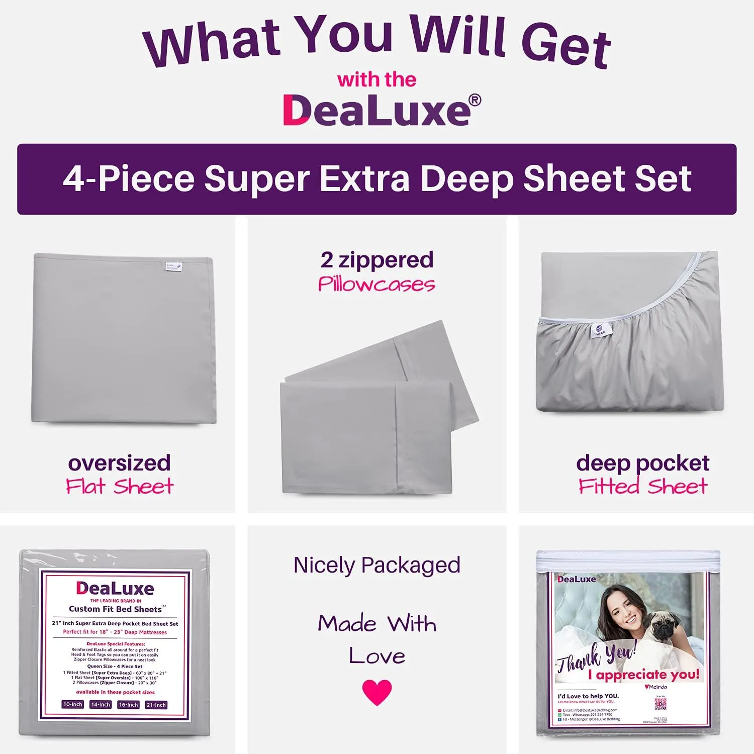 Deep Pocket Queen Sheet Sets – 21” Inch 4 Piece Queen Sheets Deep Pocket Sheets – Oversize Flat Sheet, Fitted Sheet & 2 Zippered Pillowcases for 18”–23” Pillow Top Mattress – Calm Grey