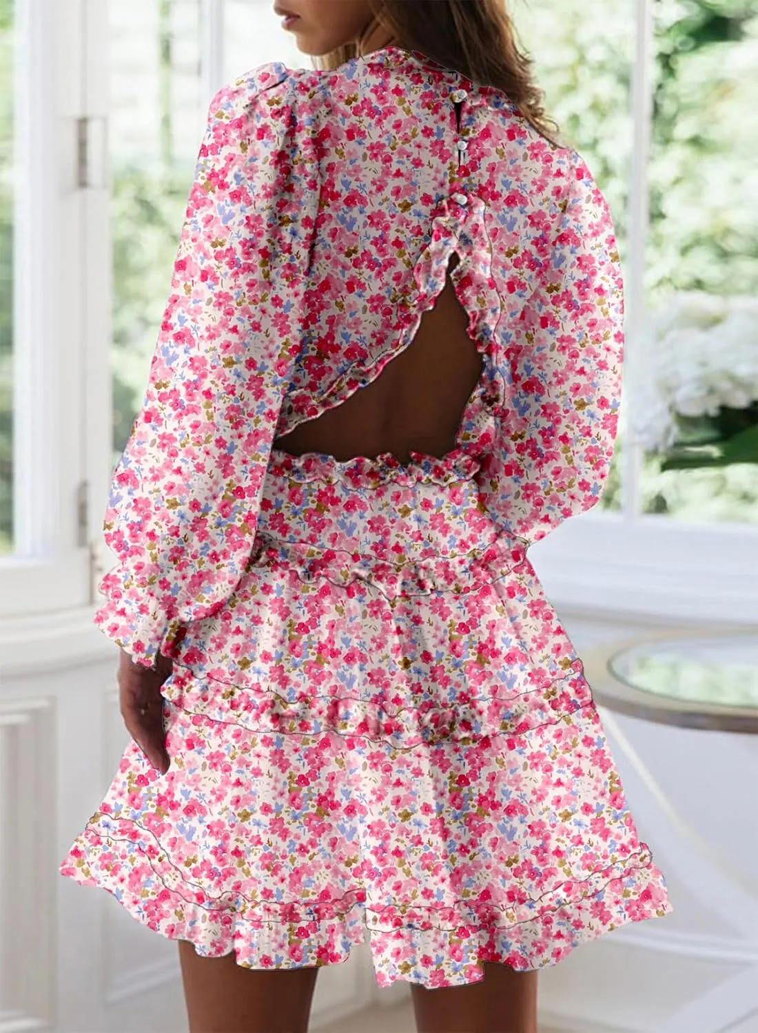 Dokotoo Womens 2025 Spring Summer Deep V Neck Long Sleeve Backless Ruffle Floral Flowy Mini Dress